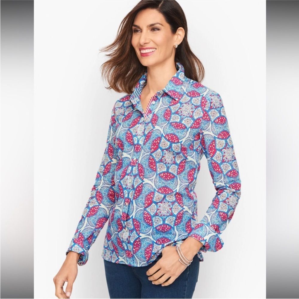 Talbots Garden Medallion Women’s Pink Blue Button Down Dress Shirt XLp Petite